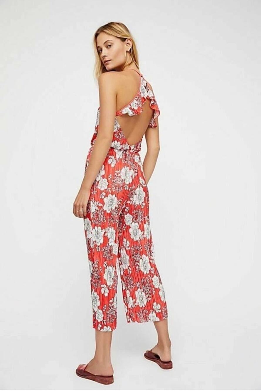 Free People Fresh Fields Pleated Jumpsuit size Large Floral Orange